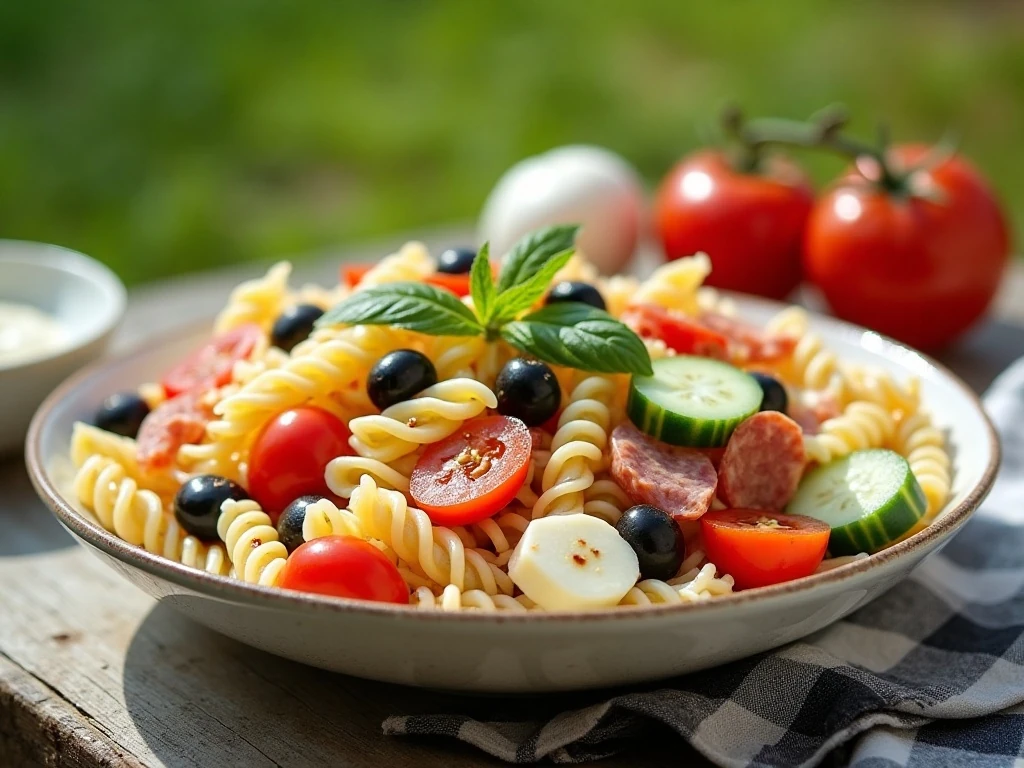Colorful Italian pasta salad served as a picnic side dish