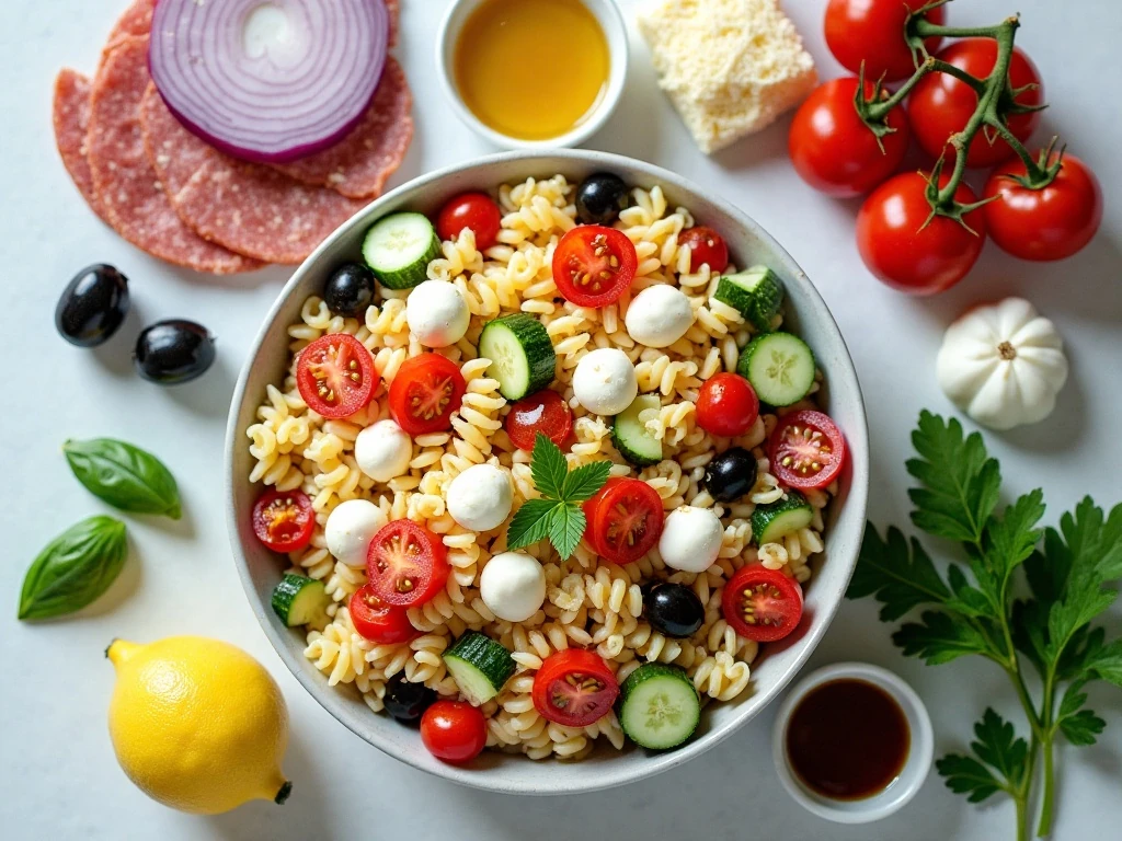 Ingredients for easy Italian pasta salad arranged on a counter