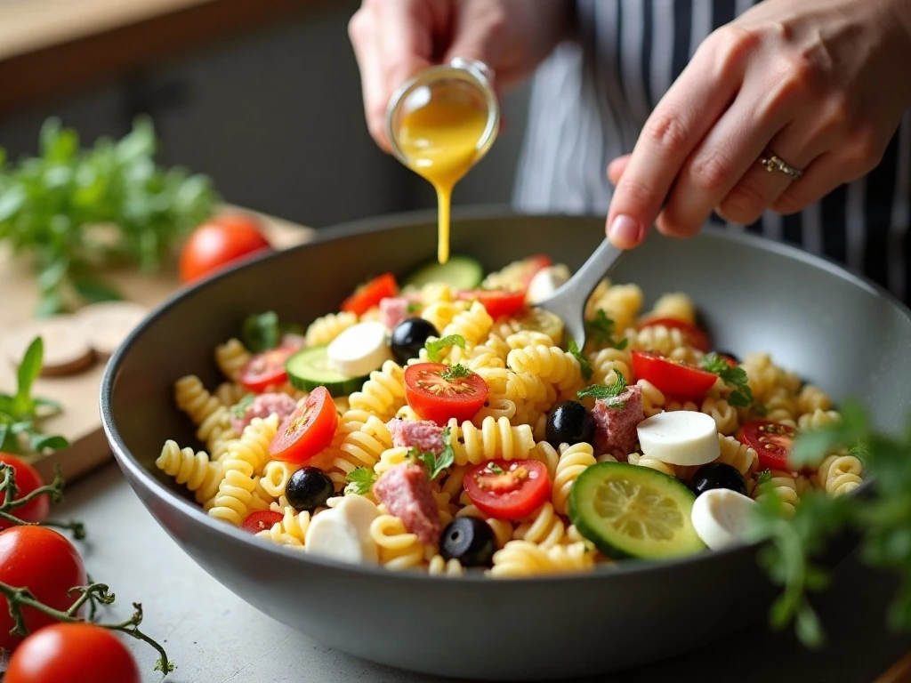 Pasta salad ingredients being tossed with Italian dressing
