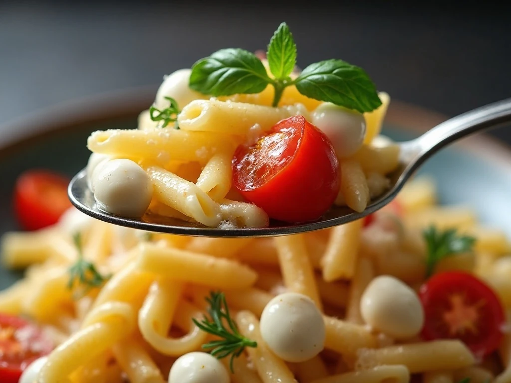 Close-up of al dente rotini and fresh toppings in Italian pasta salad