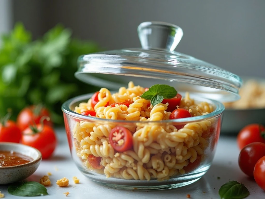 Make-ahead Italian pasta salad stored with extra dressing