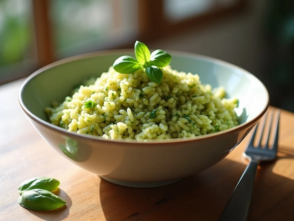 Bowl of fluffy Italian pesto rice made with Minute Rice