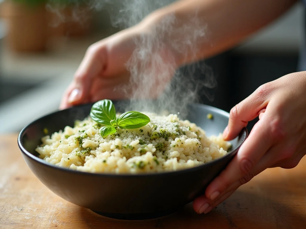 Stirring pesto and Parmesan into cooked microwave rice