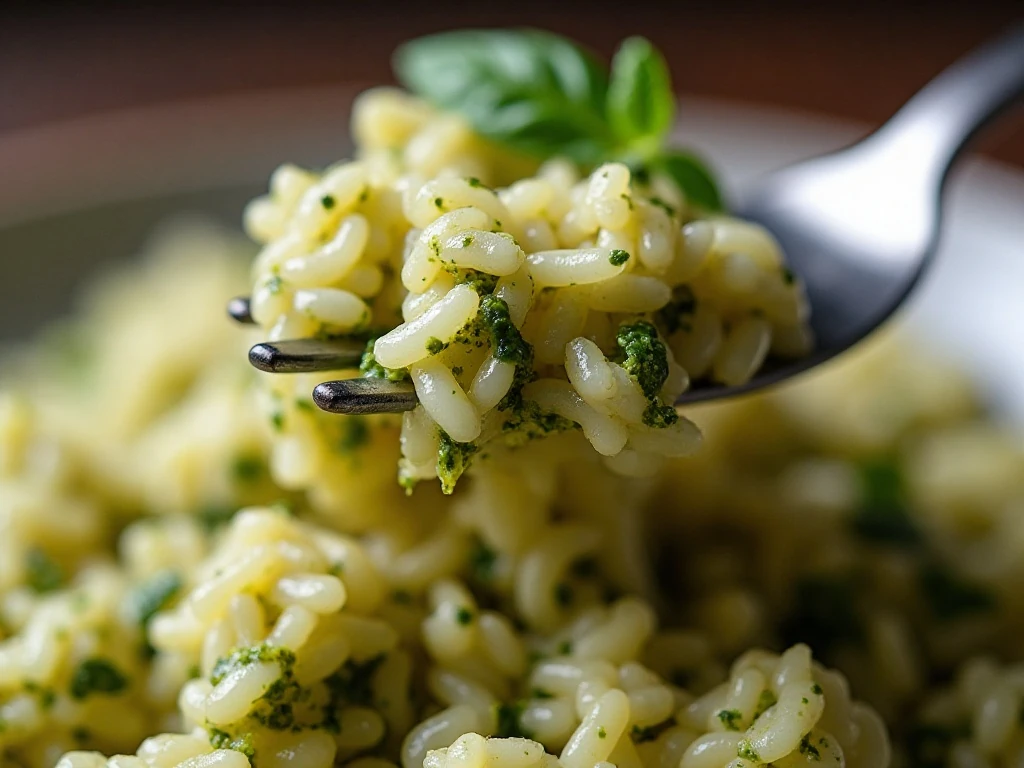 Close-up of fluffy pesto rice with Parmesan