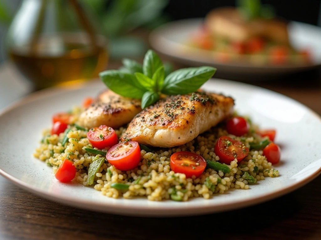 Pesto rice served with chicken and roasted vegetables