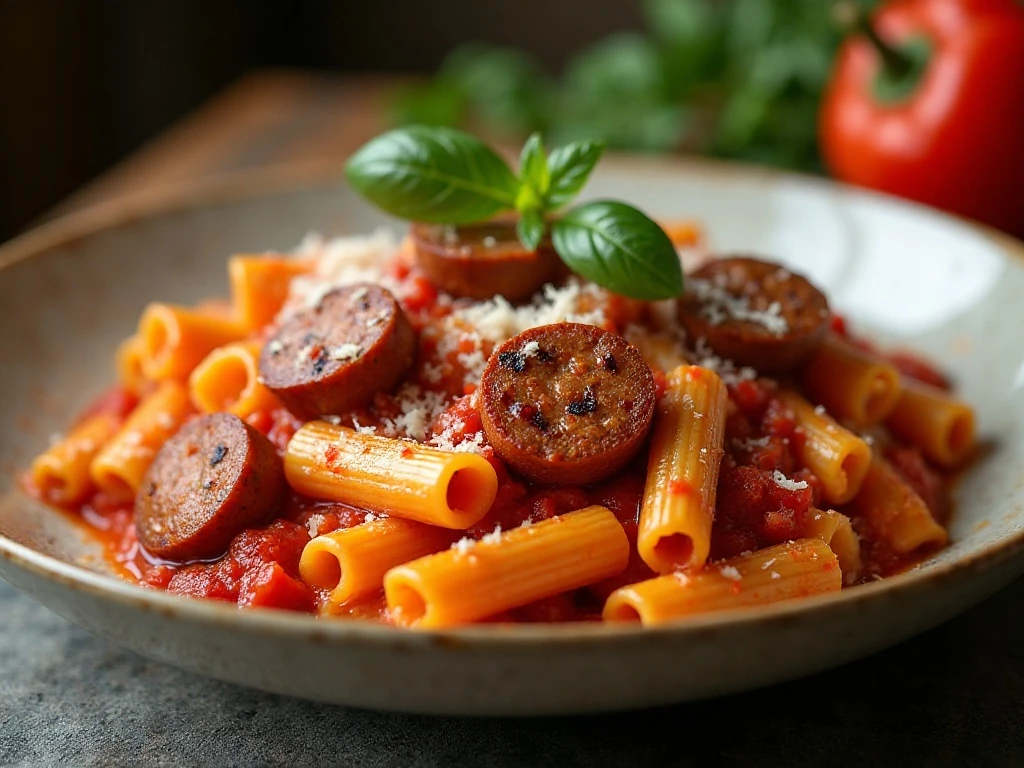 Bowl of Italian rigatoni with smoked sausage in tomato sauce