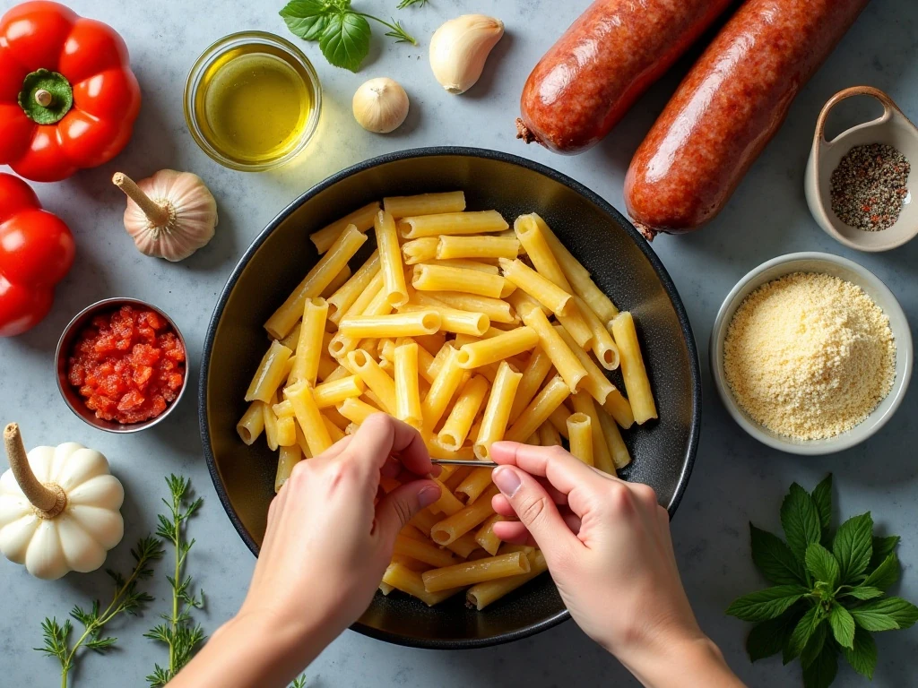Ingredients for Italian rigatoni with smoked sausage