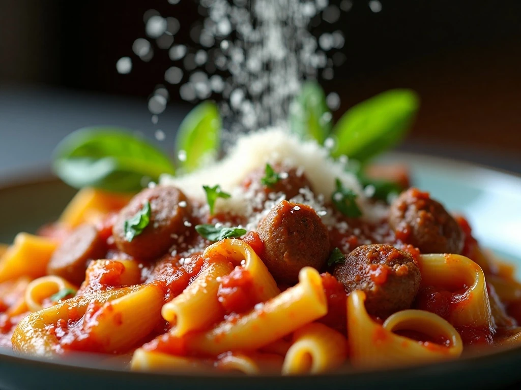 Parmesan and fresh herbs finishing smoked sausage rigatoni