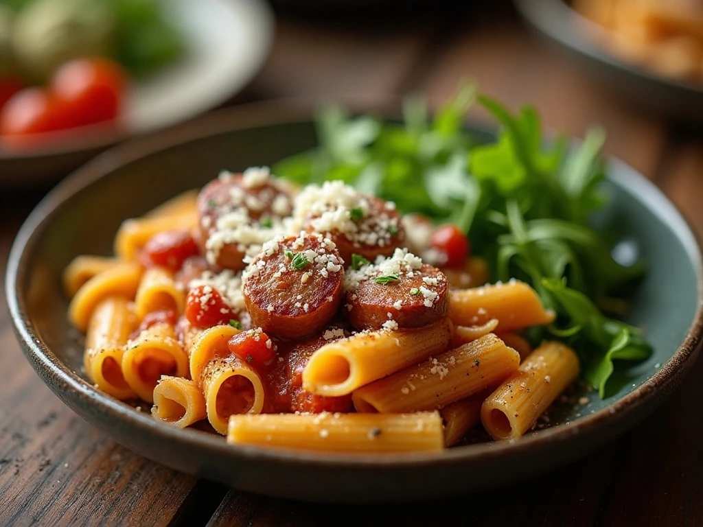 Served smoked sausage rigatoni with Parmesan and herbs