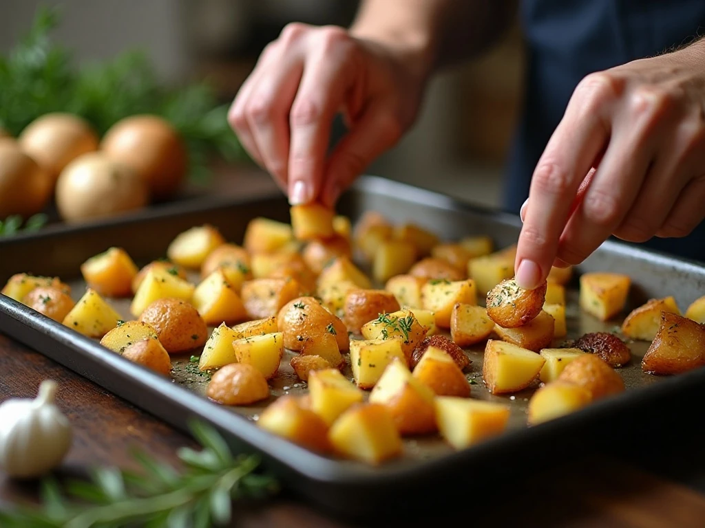 Potatoes arranged on a baking sheet before roasting