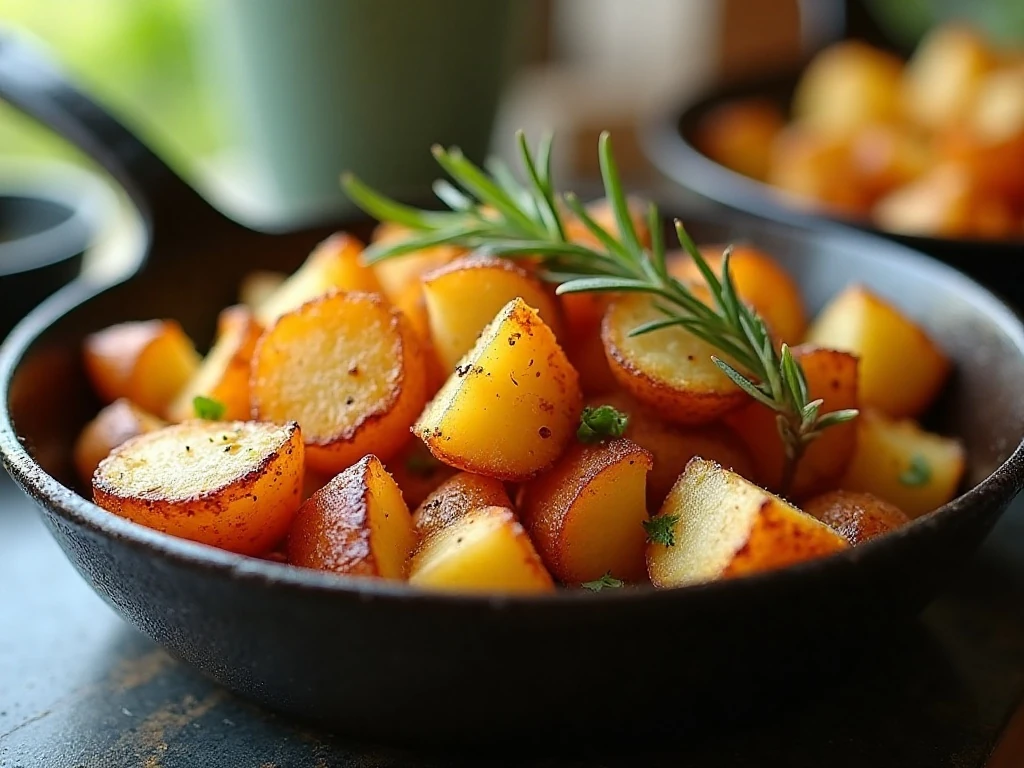 Reheated crispy Italian roasted potatoes with rosemary