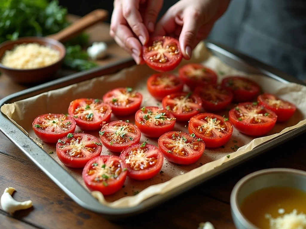 Seasoned Roma tomatoes arranged for roasting