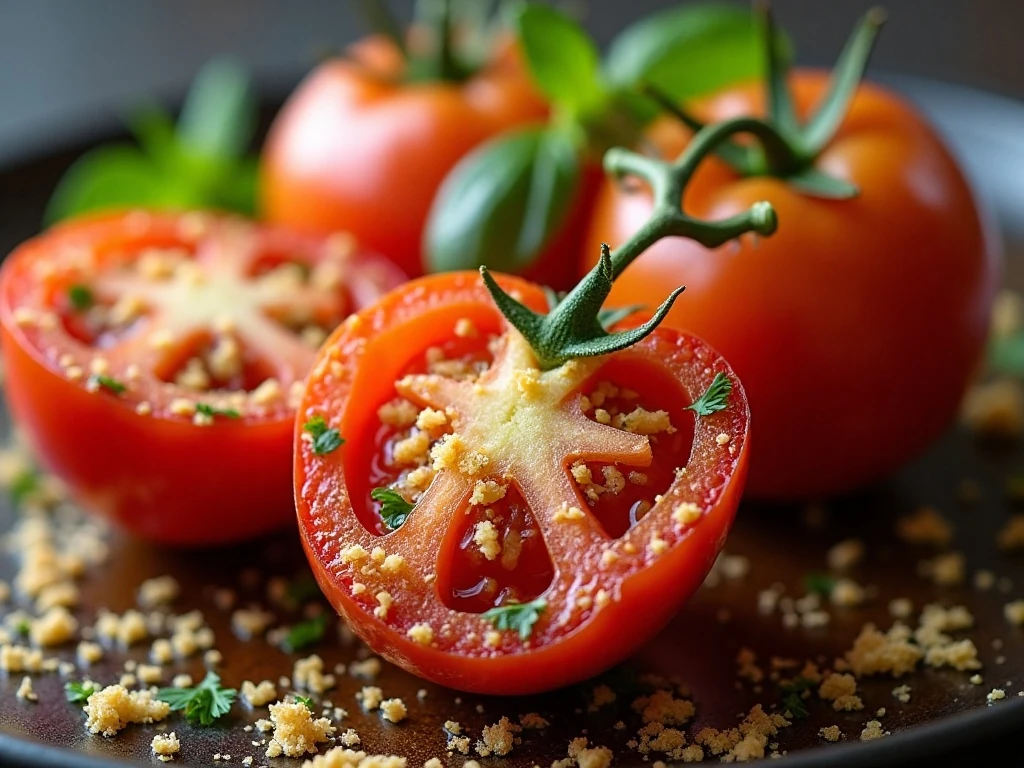 Close-up of golden roasted tomatoes with herbs and Parmesan