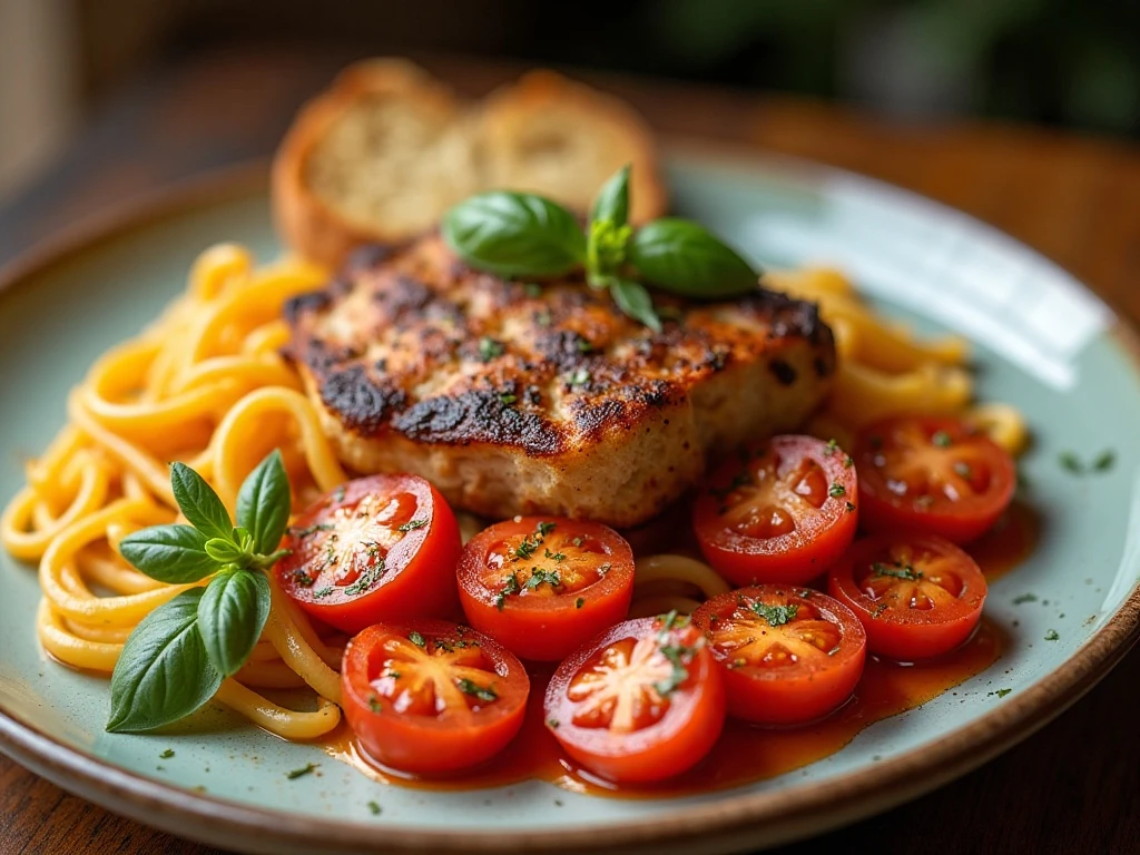 Roasted tomatoes served with pasta and crusty bread