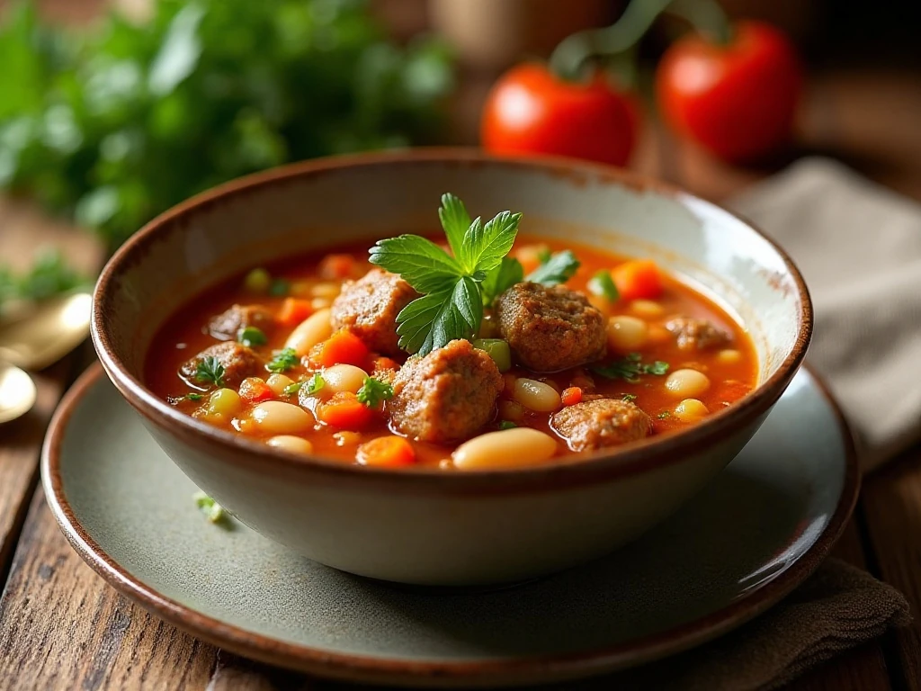 Hearty Italian sausage and bean soup served for dinner