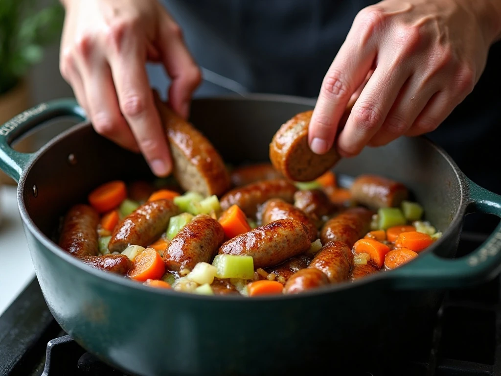 Cooking sausage and vegetables for Italian bean soup