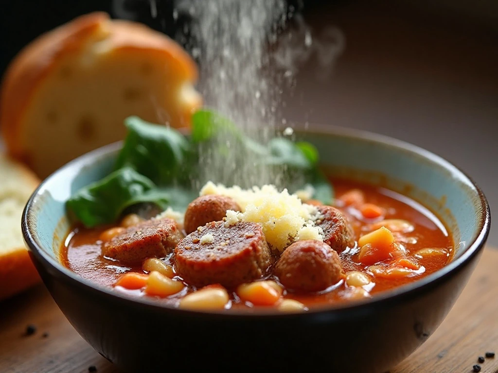 Parmesan-topped Italian sausage and bean soup with crusty bread