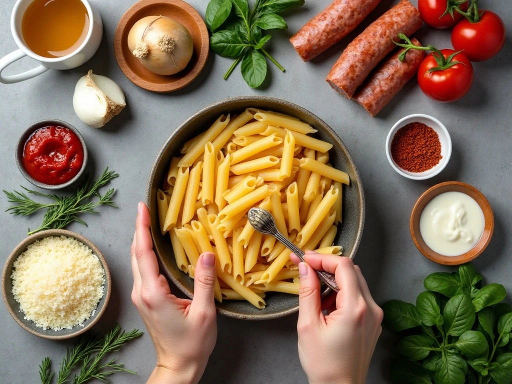 Ingredients for creamy Italian sausage pasta arranged for cooking