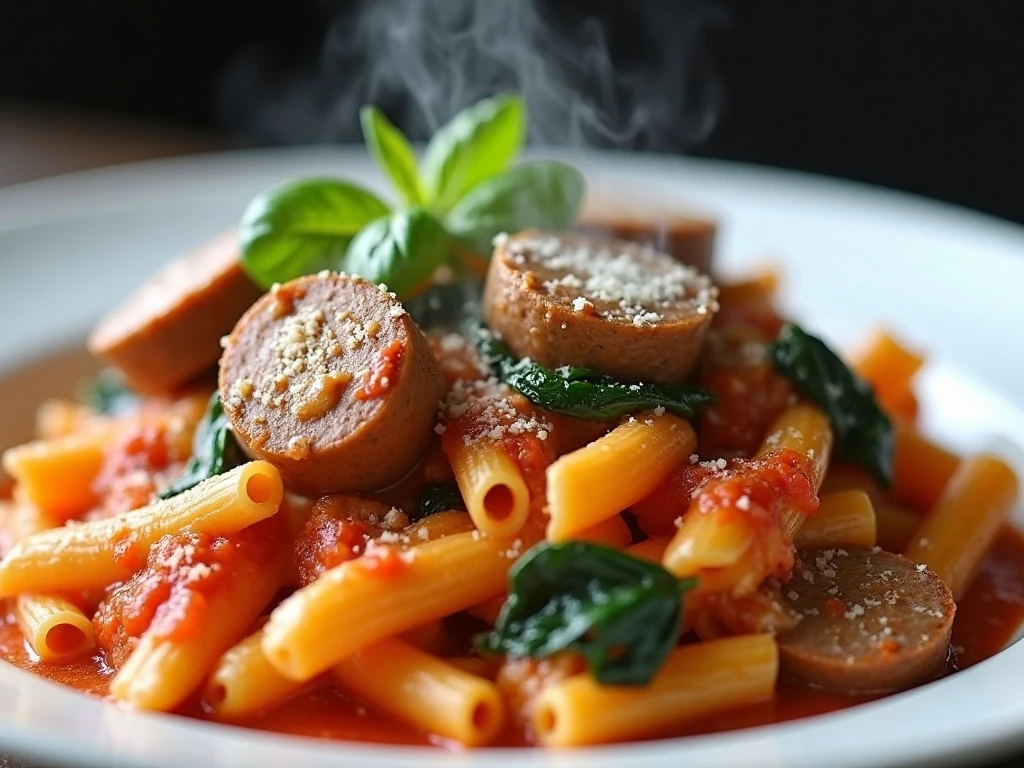 Finished creamy Italian sausage pasta served with Parmesan and herbs
