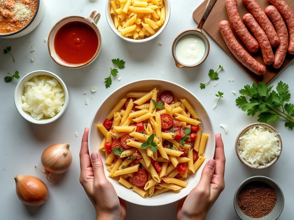 Ingredients for creamy Italian sausage pasta