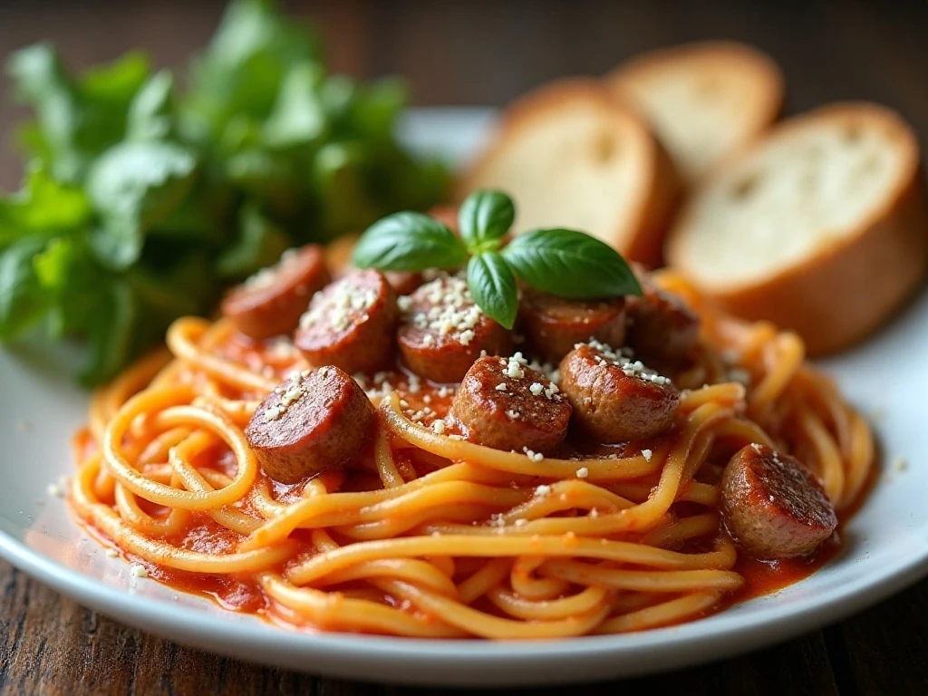 Creamy Italian sausage pasta served with bread and salad