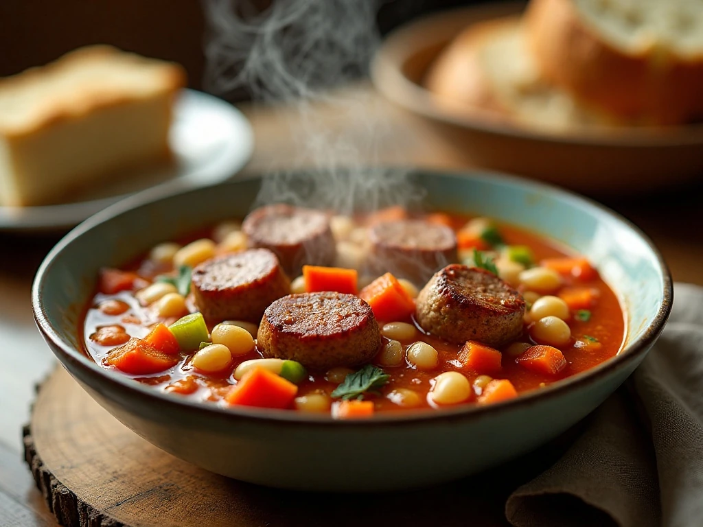 Bowl of hearty Italian sausage soup with vegetables, beans, and pasta
