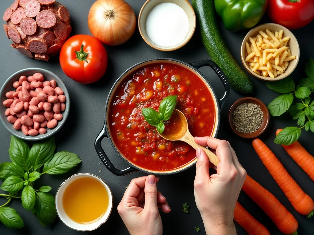 Ingredients for zesty Italian sausage soup arranged on a counter