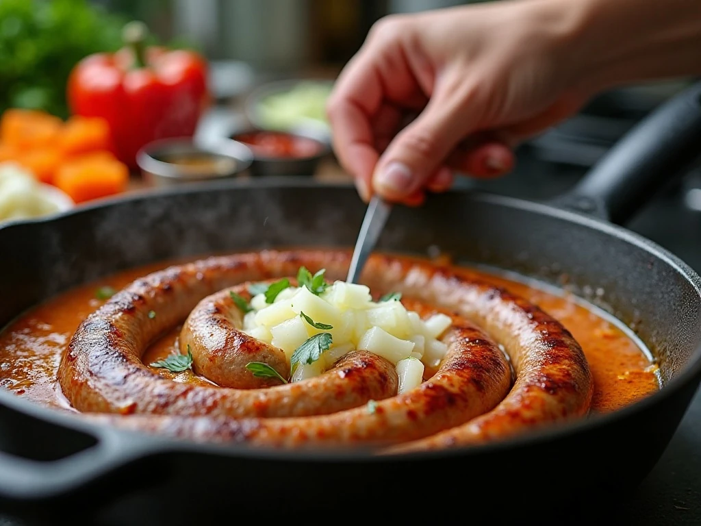 Italian sausage and onion browning in a Dutch oven for soup