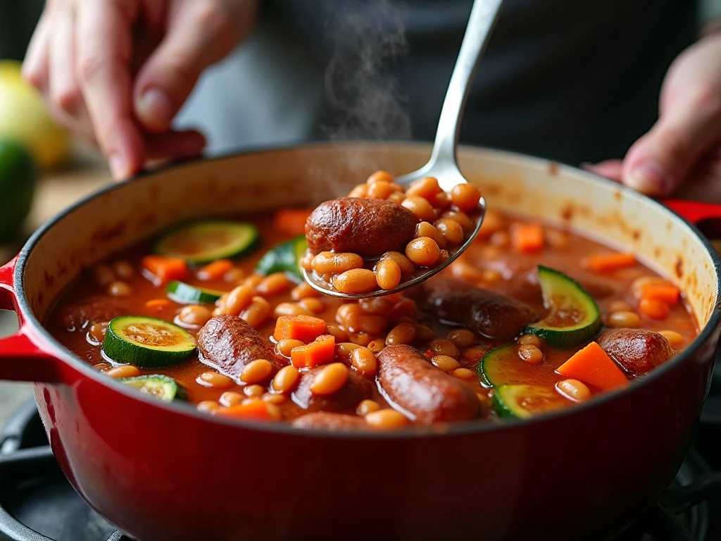 Tomato broth with sausage and beans being stirred in a soup pot