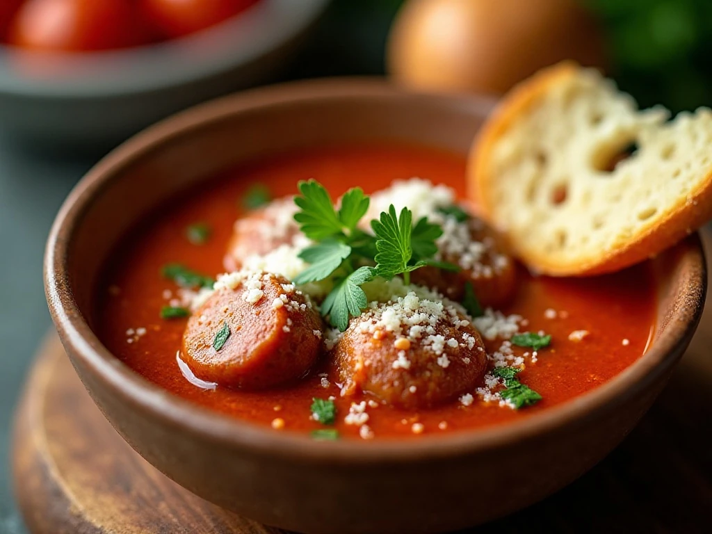 Italian sausage soup garnished with Parmesan and fresh parsley