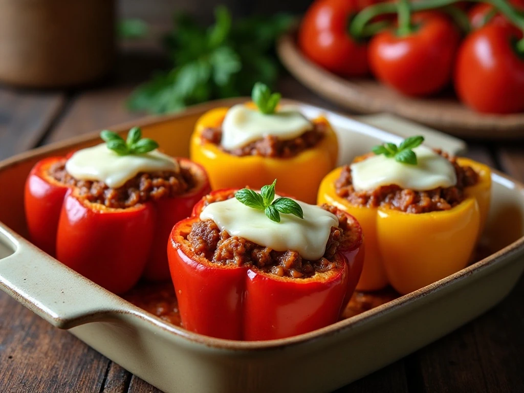 Classic Italian stuffed peppers filled with beef, rice, tomatoes, and melted mozzarella