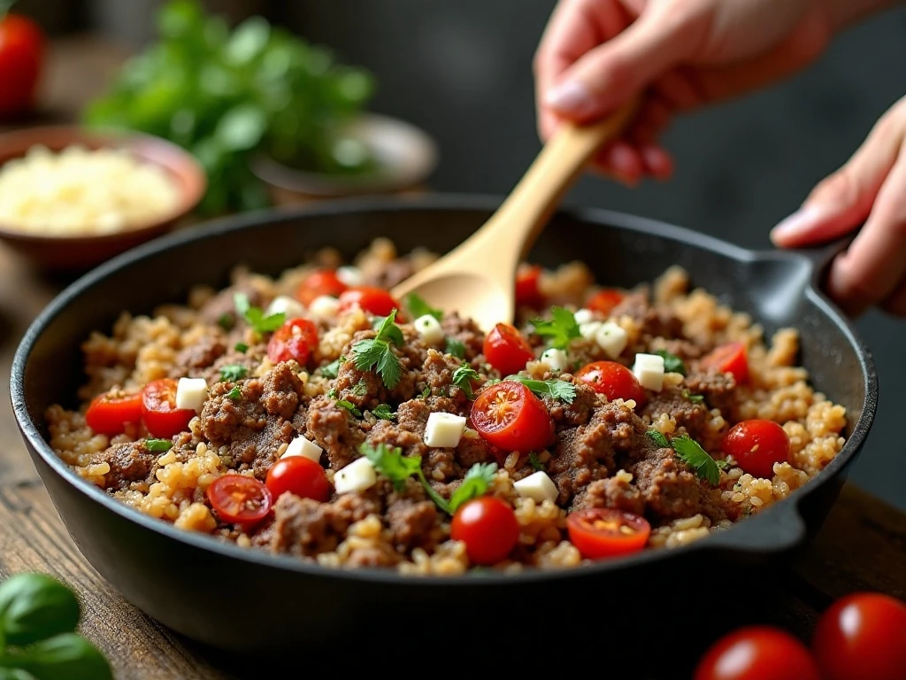 Savory beef and rice filling cooking for stuffed peppers