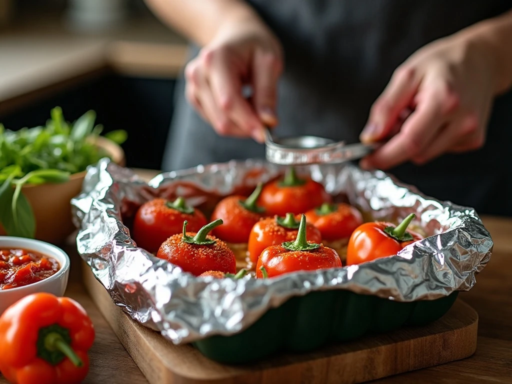 Stuffed peppers covered with foil before baking