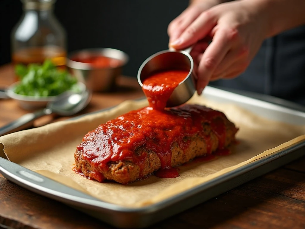 Shaped meatloaf covered with marinara sauce before baking