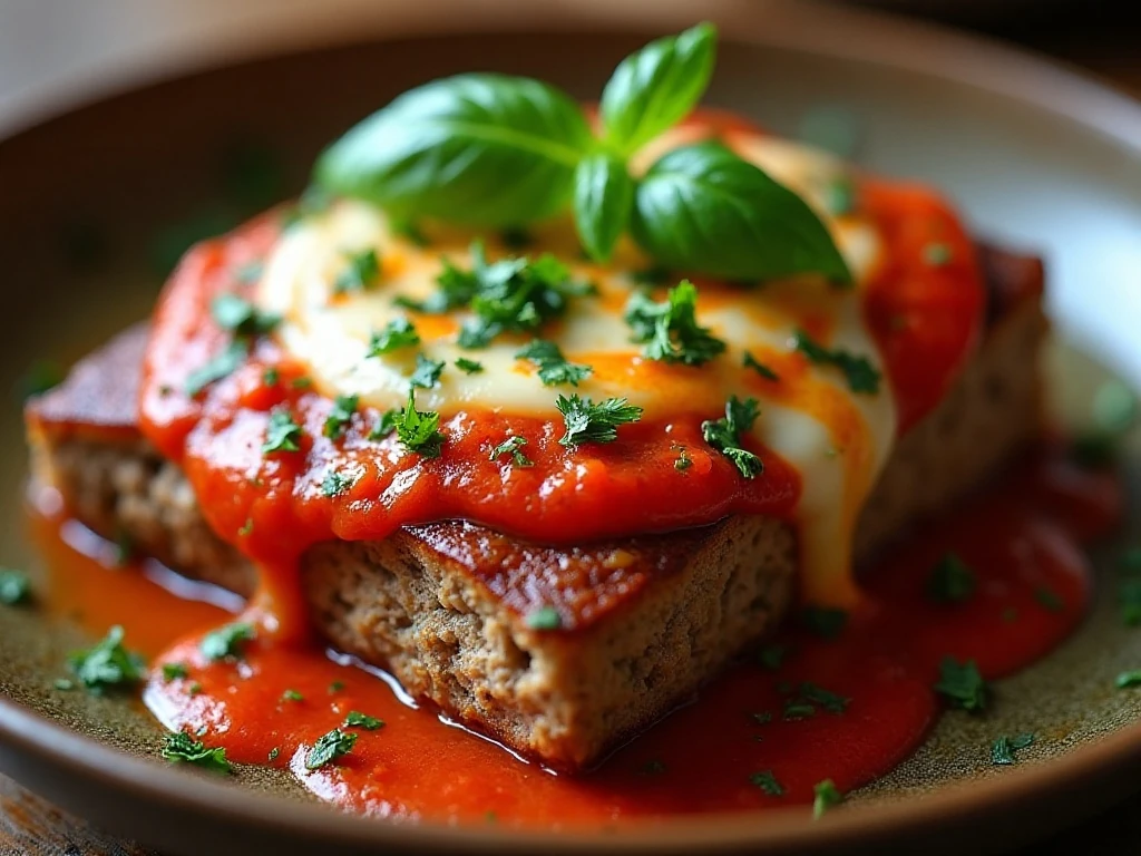 Italian meatloaf slice garnished with basil and parsley