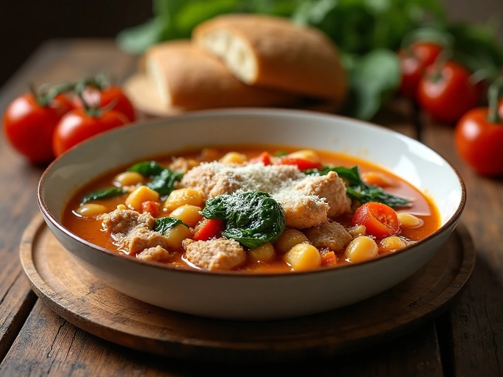 Hearty Italian turkey burger soup served with Parmesan and crusty bread