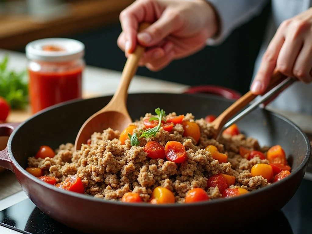 Ground turkey and vegetables browning in a Dutch oven for soup