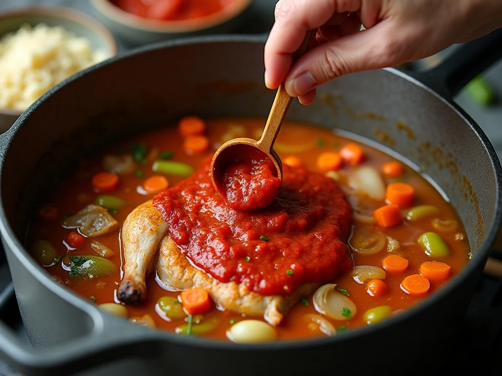 Tomato paste stirred into browned turkey and vegetables for Italian soup