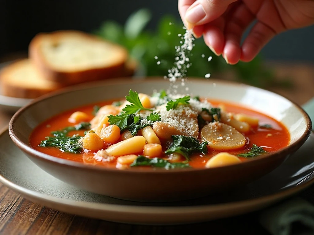 Italian turkey soup topped with Parmesan and fresh parsley