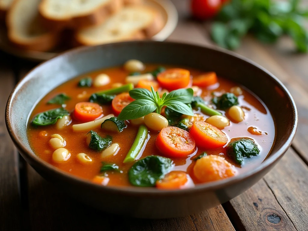 Colorful homemade Italian vegetable soup served with crusty bread