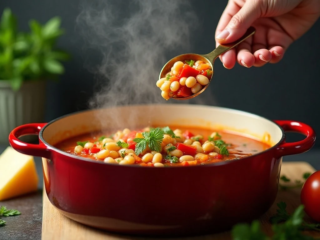 Adding vegetables and beans to simmering Italian soup