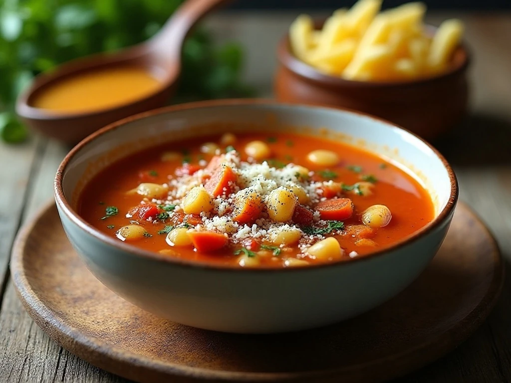 Reheated Italian vegetable soup with Parmesan garnish