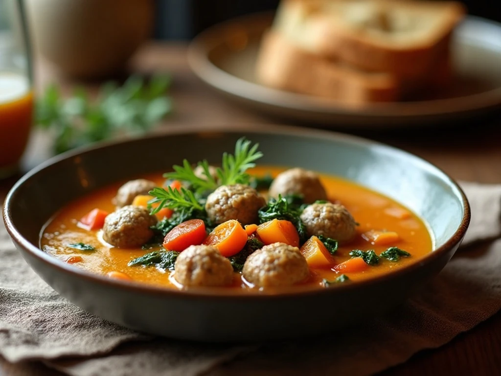A cozy bowl of Italian wedding soup with meatballs, pasta, vegetables, and greens