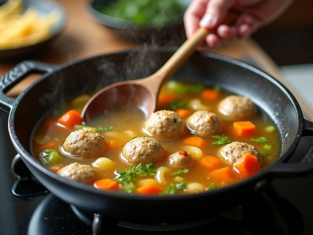 Italian wedding soup simmering with meatballs, pasta, and vegetables