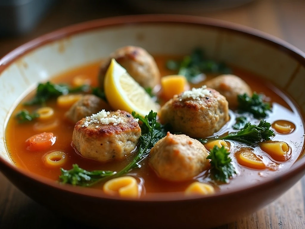 Italian wedding soup finished with Parmesan and lemon