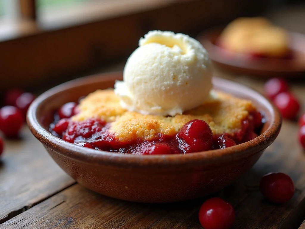 Warm Jack Daniel's sour cherry cobbler with vanilla ice cream