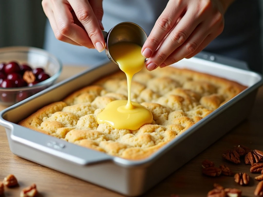 Drizzling melted butter over the cake mix topping for cherry cobbler