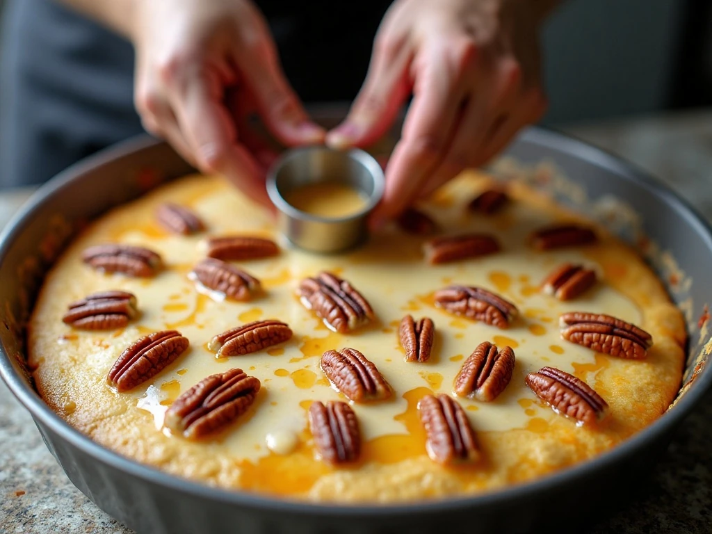 Evenly distributing butter and pecans on cherry cobbler topping