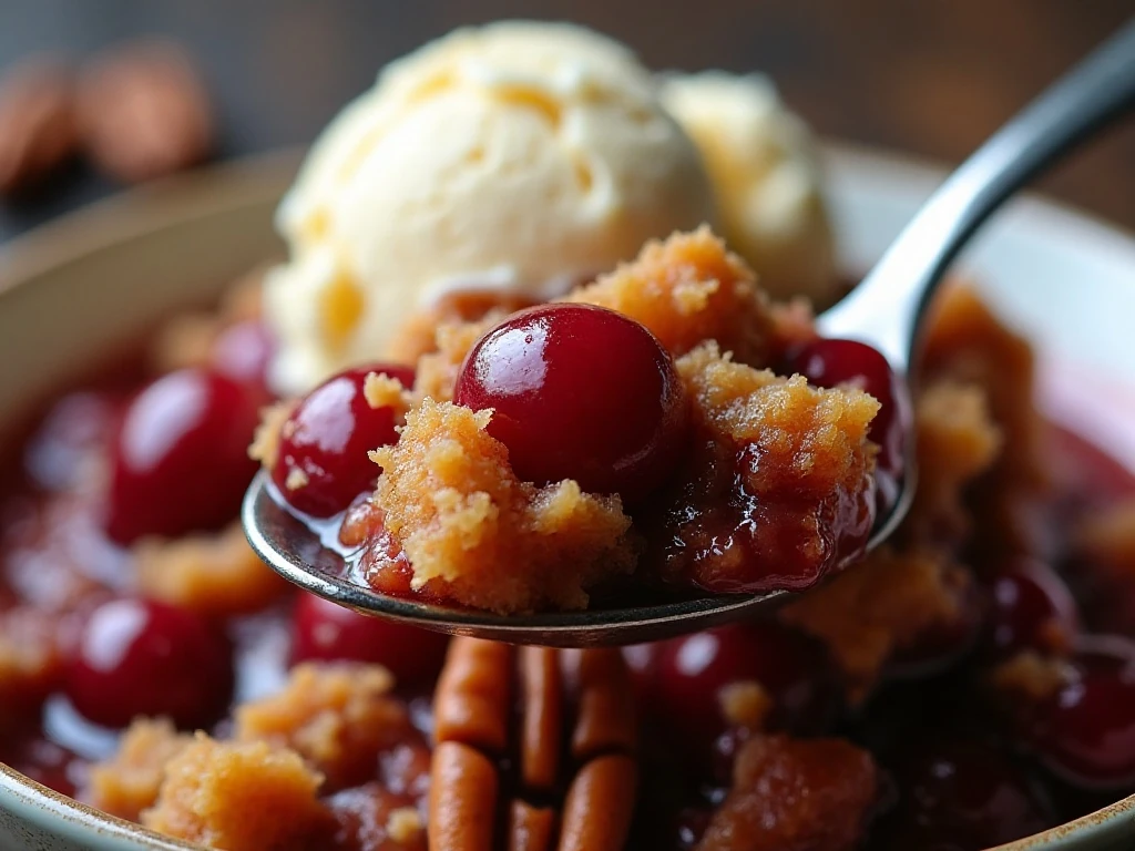 Close-up of cherry cobbler with pecans and melting vanilla ice cream