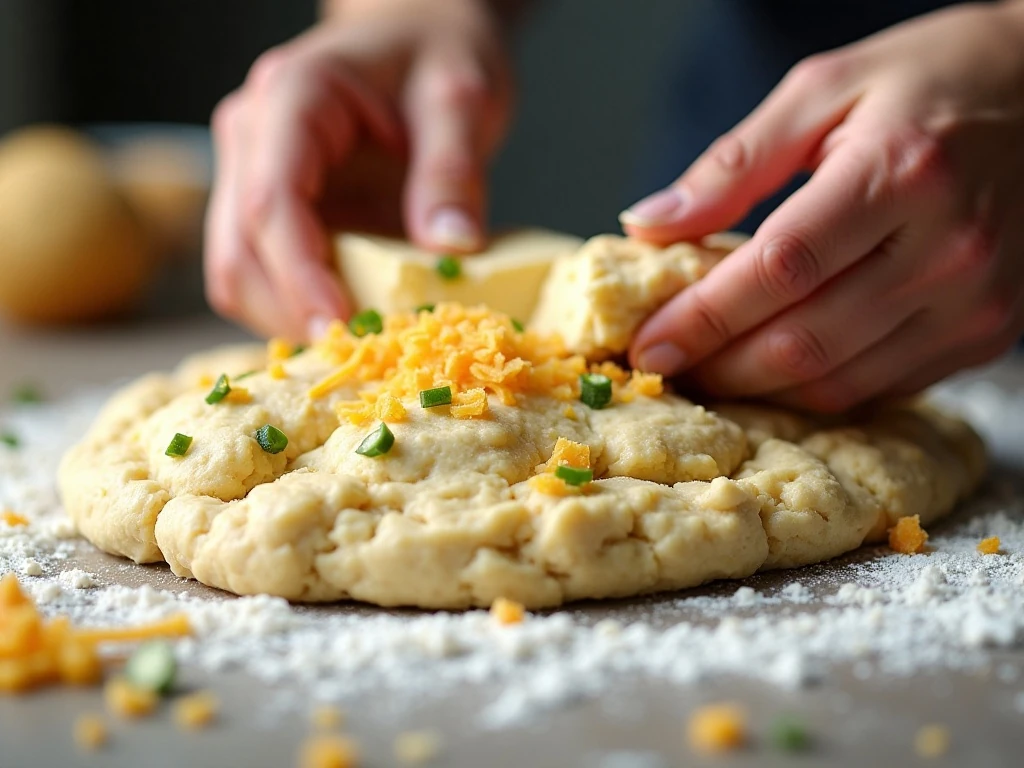 Gently folding jalapeño biscuit dough before cutting